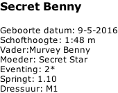 Secret Benny  Geboorte datum: 9-5-2016 Schofthoogte: 1:48 m Vader:Murvey Benny Moeder: Secret Star Eventing: 2* Springt: 1.10 Dressuur: M1